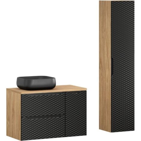 Badezimmer-Set YOKA schwarz: Unterschrank 90 cm + Platte für Waschbecken + Aufsatzwaschbecken + Stauraumsäule