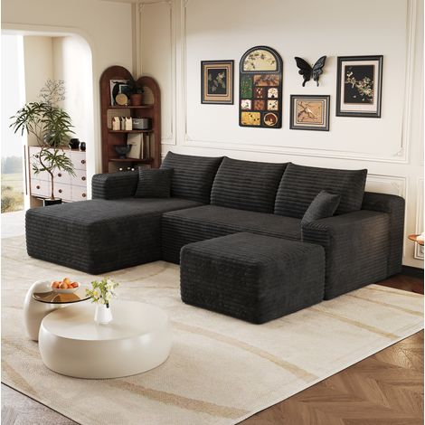 Divano angolare a L 241 cm in tessuto corduroy nero con seduta profonda, senza montaggio, OKWISH (1/5)