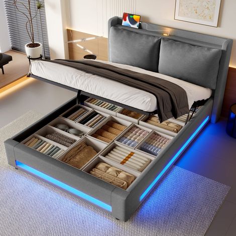 Letto 140x200 cm - letto contenitore 140x200 - elegante testiera con porte USB-C, LED, cuscini rimovibili - velluto grigio