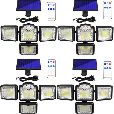 4 PCS Lampe Solaire Rotative à Quatre Têtes Télécommande Intelligente Détection du Corps Humain Jardin Extérieur Étanche Réverbère, 192LED (1/5)