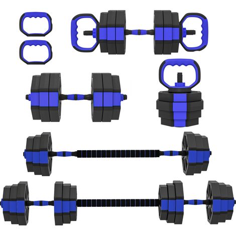 Set Pesi da Palestra 6 in 1 in Plastica e Sabbia Utilizzabile come Kettlebell Manubri Bilanciere Supporto Blu