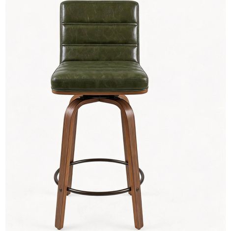Tabouret de bar pivotant en cuir régénéré vert, dossier ergonomique, pied repose-pieds et pieds en bois courbé, pour cuisine, bar et comptoir - CHICFURN (1/5)