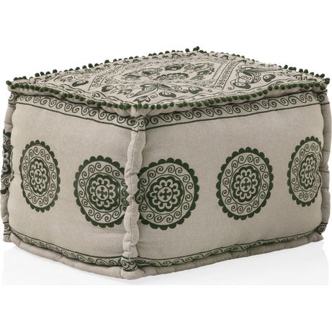 Pouf rectangulaire brodé coton polyester multicolore assise moelleuse - lin brodé vert motifs géométriques (1/4)