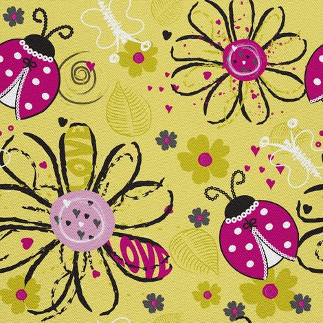 Tela decorativa para exteriores Oxford - motivo de flores y mariquitas sobre fondo amarillo I DX631 (1/5)