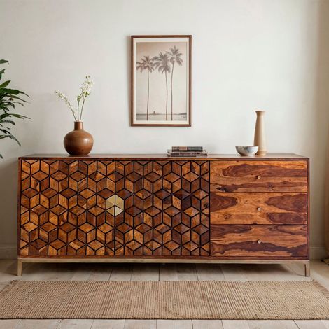 Buffet 2 portes 3 tiroirs 180x40x70 cm en sheesham 3D et métal doré
