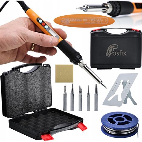 Rosfix Set Elektrisches Lötkolben-Set Electric S 60 W – LCD-Anzeige, 180–500 °C, ESD-Schutz 6 Spitzen 900M, Lötzinn, Schwamm, Halter Werkzeugkoffer Lötzubehör (1/5)