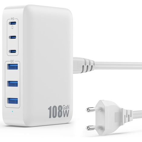 108W Chargeur USB C Multiple, 6 Ports GaN III Tech Chargeur Rapide Prise Station de Charge avec 3 PD (1/5)