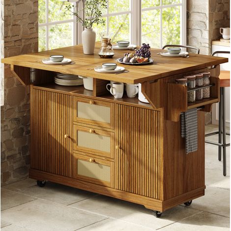 Carrello da cucina pieghevole 142,5x40-80x95 cm con vano portaoggetti, cassetti in rattan PE, ripiani regolabili, MDF marrone chiaro (1/5)
