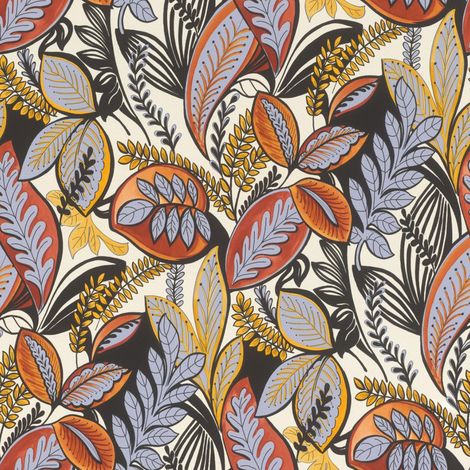 Botanical Leaf Vinyl Wallpaper Orange Yellow Grey Retro Foliage Feature Wall