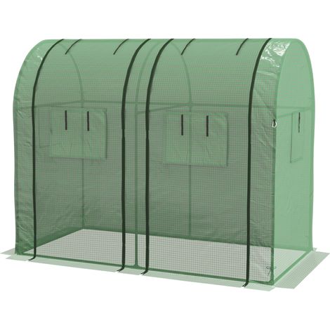 Gartengewächshaus (1,8 m², 1,85 m L x 0,9 m B x 1,5 m H) mit 2 Schiebetüren mit Reißverschluss und 4 aufrollbaren Fenstern. Stahl, PE, Grün