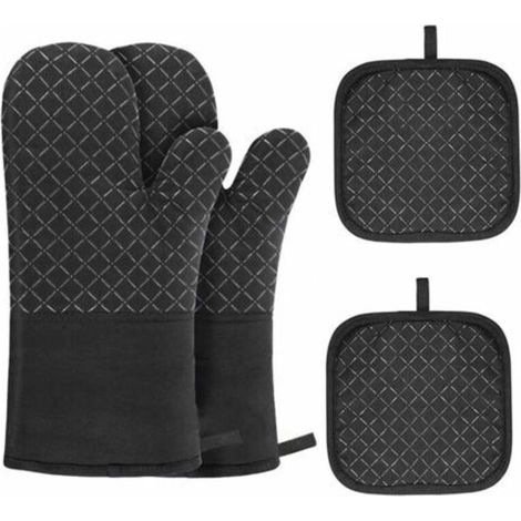 Ofenhandschuhe, 4er-Pack Ofenhandschuhe mit Ofenhandschuhmatte, hitzebeständige, rutschfeste Ofenhandschuhe für Grillen, Kochen, Backen, Mikrowelle mit Silikonbürste (Schwarz)