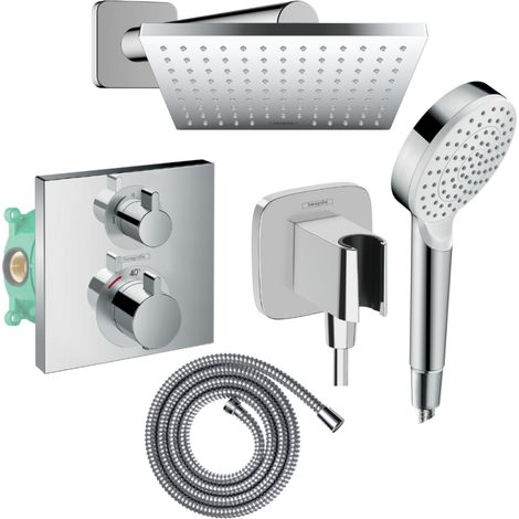 Columna de ducha termostática HANSGROHE Ecostat Square Ducha fija Vernis Shape Flexible Metaflex Teleducha Crometta cromo