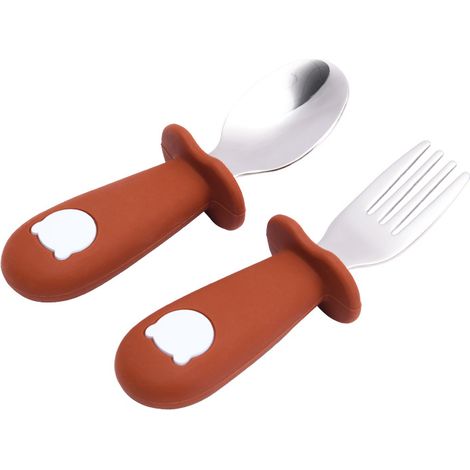 Ensemble de fourchettes et cuillères en acier inoxydable pour tout-petits, de qualité alimentaire, mignon et simple, en silicone sans danger pour les tout-petits, A9 Café foncé (1/3)