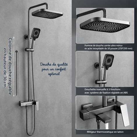 Colonne de douche gris hydro-plaqué, 3 jets type avion, pommeau de tête 12 pouces avec barre d'extension 30 cm, 5 kg – Livraison gratuite