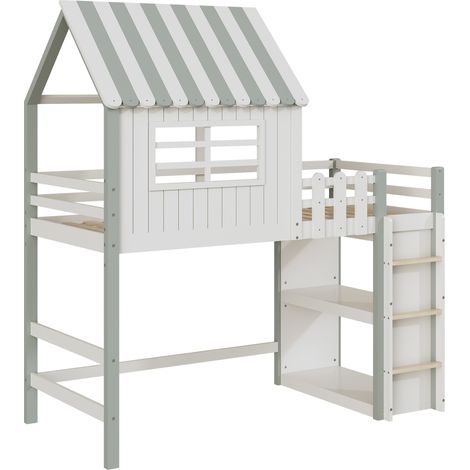 Lit enfant 90x200 cm avec cadre en bois massif, lit maison vert avec sécurité et espace de rangement, sommier inclus (1/5)