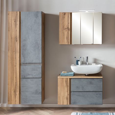 Badezimmer Set mit Aufsatzleuchte, stehend oder hängend, Wotan Eiche Nb. mit Beton Optik, VASTO-03-CONCRETE, B/H/T ca. 165/200/35 cm (1/5)