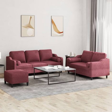 3-tlg. Sofagarnitur mit Kissen Weinrot Stoff (1/5)