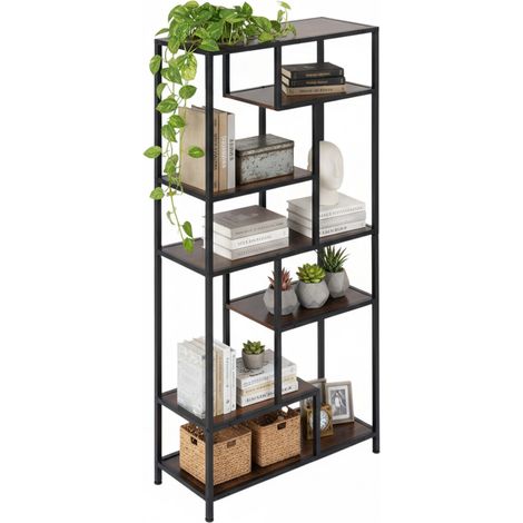Libreria Relaxdays, HLLP: 159,5 x 60 x 24 cm, 6 ripiani, stile industriale, legno e metallo, marrone/nero