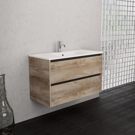 Inda - Badezimmerschrank 2 Schubladen B.100 mit mattiertem Waschbecken / Natureiche - Smeraldo (1/5)