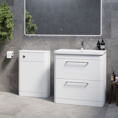 Oslo Gloss White 1350mm Wall Mounted Vanity Unit Toilet Suite with Fina Basin - 1350mm - Chrome 320mm HandleWithout Jubilee Toilet Pan