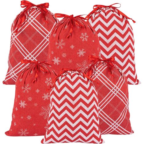 Lot de 6 sacs cadeaux de Noël en coton rouge avec cordon de serrage, tailles assorties, sacs d'emballage de Noël, pochettes en tissu pour boîte cadeau, poupée, jouet, grands cadeaux de Noël (1/5)