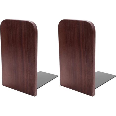 Lot de 2 serre-livres en bois avec base en métal, robustes, en noyer noir, antidérapants, pour bureau. (1/5)