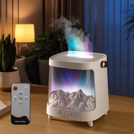 Ecleanfy - Diffuseur d'arômes avec télécommande, motif montagne enneigée, 7 couleurs de lumière/effet flamme aurore boréale, 200 ml