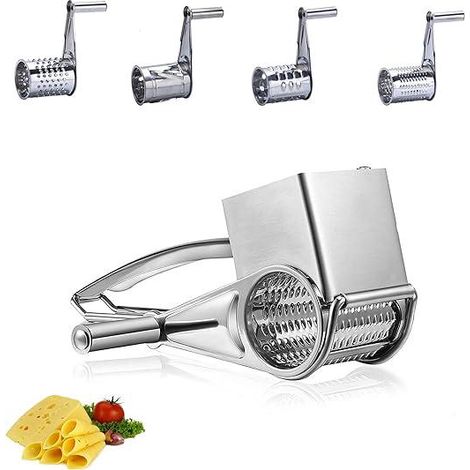 Hachoir à fromage rotatif (20 x 8,2 cm, argenté), râpe à légumes en acier inoxydable, avec 4 lames rotatives, 4 en 1 (1/5)