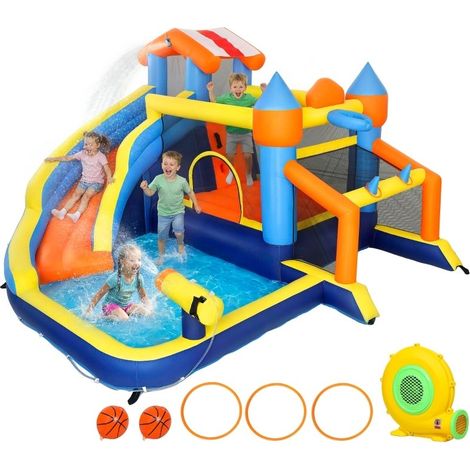 Château gonflable 8 en 1 avec soufflerie, toboggan, piscine, trampoline et mur d'escalade, intérieur extérieur, 350x325x210 cm, multicolore