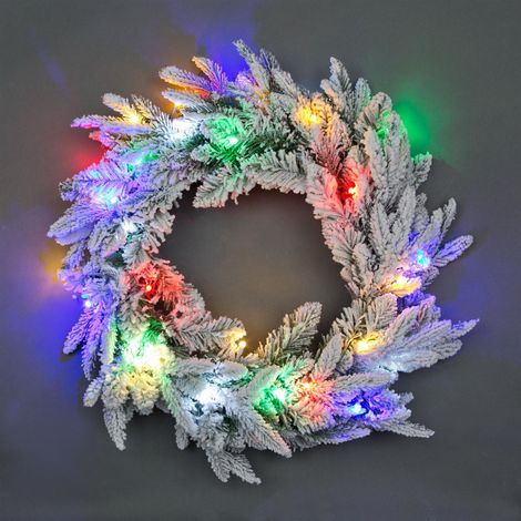 Pre-Lit Multicolour LEDs Lapland Fir Snow Flocked Wreath 55cm (1/3)