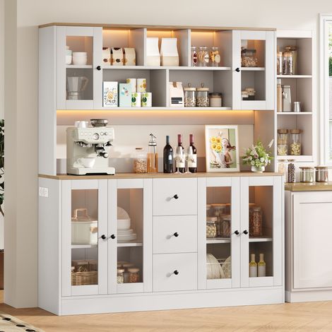 Buffet de cuisine haut 150x40x173 cm, 6 portes acryliques, 3 tiroirs, LED RGB, 2 prises, 2 ports USB et étagères réglables - Blanc/Naturel (1/5)