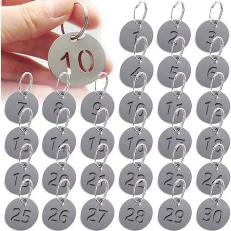 30PCS Porte Cles Etiquette, Porte-clés en Acier Inoxydable D’étiquettes D'identification Rondes Numérotées en Métal avec Anneau Porte-clés pour Hôtel Dressing, Chiffres de 01 à 30-DOU
