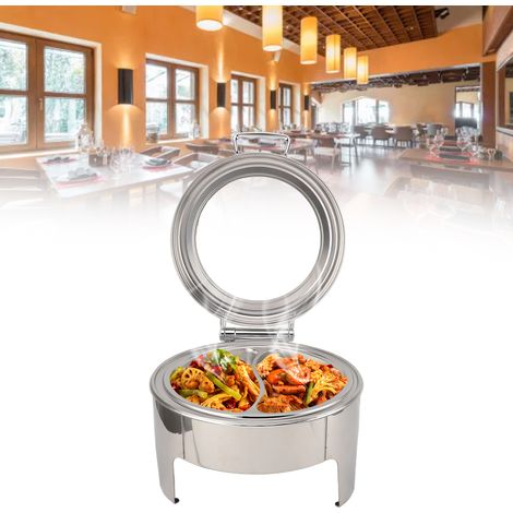 Réchaud de buffet à pied droit, visible, chauffant à l'alcool, 6 litres, réchaud de buffet rond visible à couvercle rabattable en acier inoxydable pour restaurants d'hôtels, avec deux plateaux aliment (1/5)