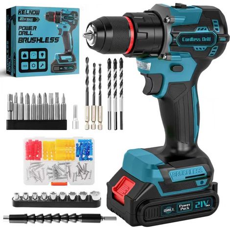 Perceuse Visseuse Sans Fil Brushless 21V , Perceuse Percussion 60 Nm, Batterie 2,0 Ah, Mandrin Métal 10 mm, 2 Vitesses 25+3 Couples, Visseuse Dévisseuse avec 87 Accessoires Bricolage (Bleu) (1/5)