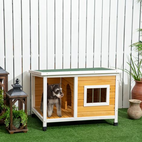 Caseta para perros con porche, techo abatible, ventana, patas ajustables, madera natural, color naranja, 85,5 x 62 x 60 cm