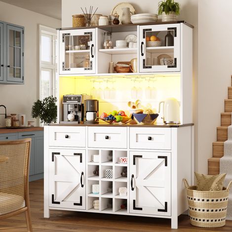 Grand Enfilade Latérale Blanc 120×40×170cm 4 Portes 3 Tiroirs Bandeau LED USB Prises Buffet Meuble Cuisine (1/5)