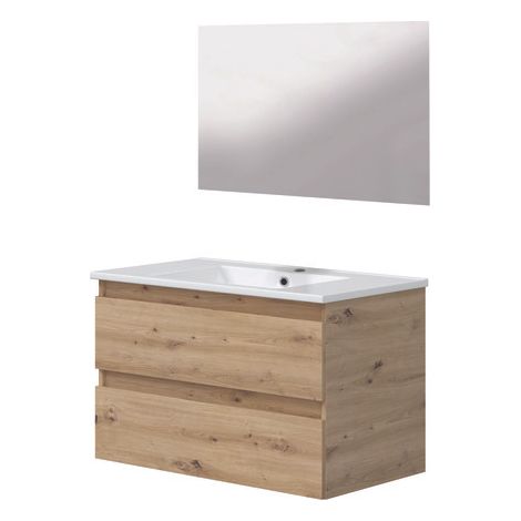 ONDEE ZEN - Meuble salle de bain à suspendre LILA - 80cm - 2 Tiroirs - Bois - Miroir (1/3)