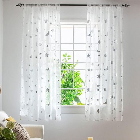 Rideaux de fenêtre semi-transparents de 1 m de long pour chambre de , chambre à coucher, joli motif lune et étoiles, voilage en tulle, 2 panneau, 1  x 1.3 m