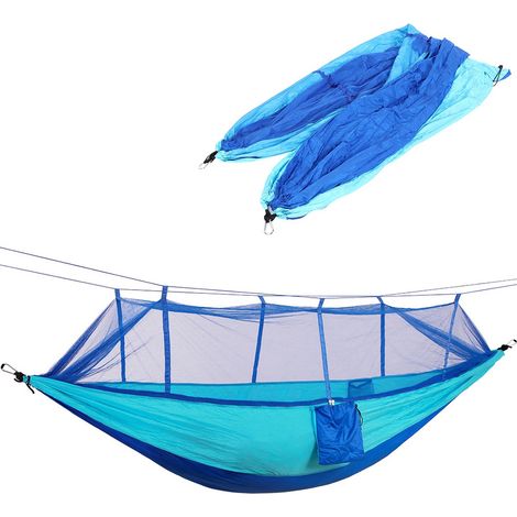 Hamac suspendu léger en tissu parachute anti-basculement pour camping en extérieur, avec moustiquaire intégrée, motif patchwork bleu ciel, 260 x 140 cm. (1/5)