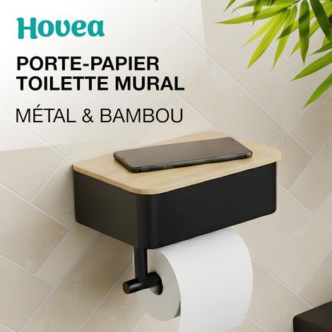 Porte Papier Toilette Mural 2-en-1 - avec ou sans Perçage - avec Rangement & Support Téléphone - en Métal – Distributeur Rouleau PQ Décoration - Noir & Bambou - PPT121 (1/4)