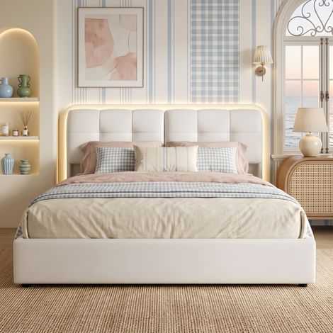 Lit coffre double 140x200 cm flanelle Blanc - avec LED, sommier relevable hydraulique et tête de lit carrée - Lit adulte capitonné, moderne élégant (1/5)