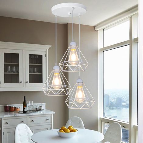 Lampada a Sospensione, 3 Luci Vintage Lampada da Soffitto in Metallo, Plafoniere con Ø20cm Gabbia di Diamante (Bianco)