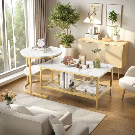 Couchtisch - Couchtisch Set - Unterstützung aus Holz Marmor und Metallbeinen - Moderner Stil - Set aus 2 runden und rechteckigen Couchtischen