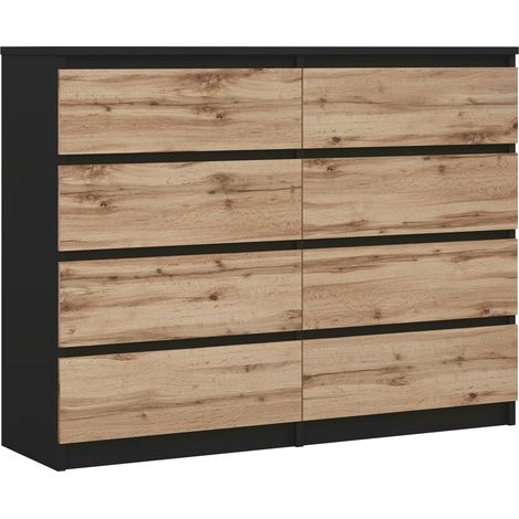 Commode 8 tiroirs : Noir Mat / Chêne Wotan, 120 x 101 x 39 cm (1/5)