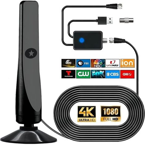 Digital TV Antenna, Powerful Indoor Outdoor HDTV Antenna with Amplifier, 360° 50 Miles Reception TV Antenna, Support 4K 1080P, Free TV DVB-T2 VHF UHF, 3m Coaxial Cable