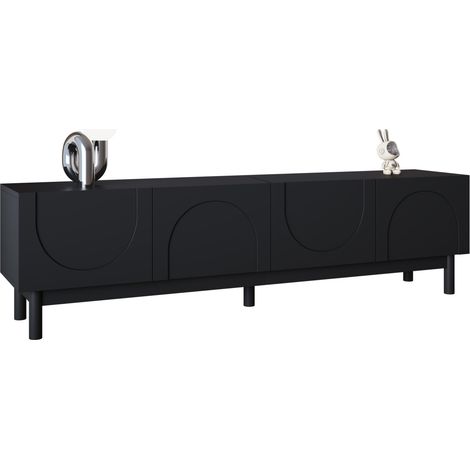 Meuble TV bas noir à 4 portes avec étagères, portes sans poignée et pieds stables, pour salon moderne et rangement multimédia - CHICFURN (1/5)