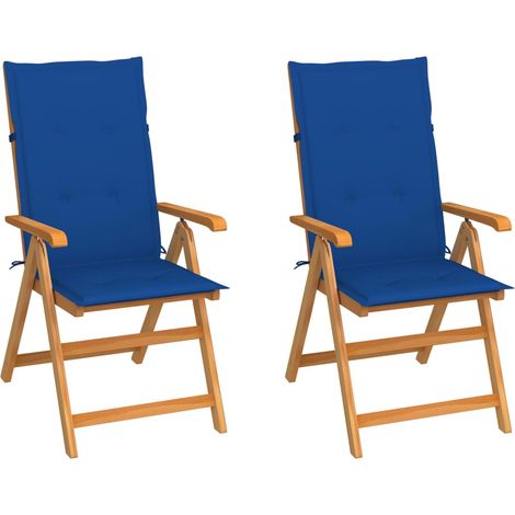 Chaises de jardin lot de 2 et coussins bleu royal Teck massif (1/5)