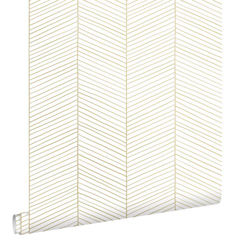 Papier peint chevron blanc et or 53cm x 10,05m – Intissé écologique – Raccord sauté – Facile à poser et décoller – Estahome (1/5)