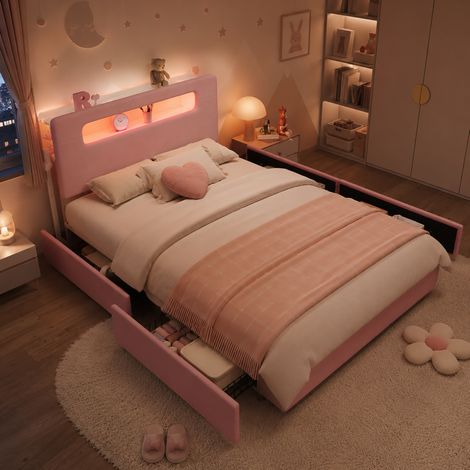Letto per bambini 140x200 cm in velluto rosa con contenitore, senza materasso FloraGrace (1/5)