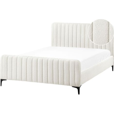Letto matrimoniale in bouclé EU con testiera imbottita 140 x 200 cm Gambe in metallo Base a doghe Bianco Sporco Lunan (1/5)
